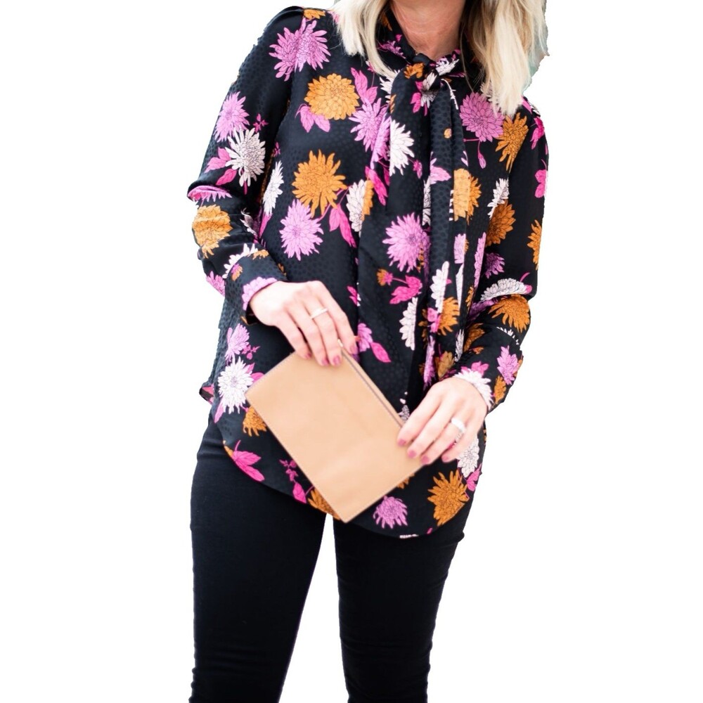 Ann Taylor Floral Neck Tie Blouse‎ Classic Romantic Feminine Colorful Medium